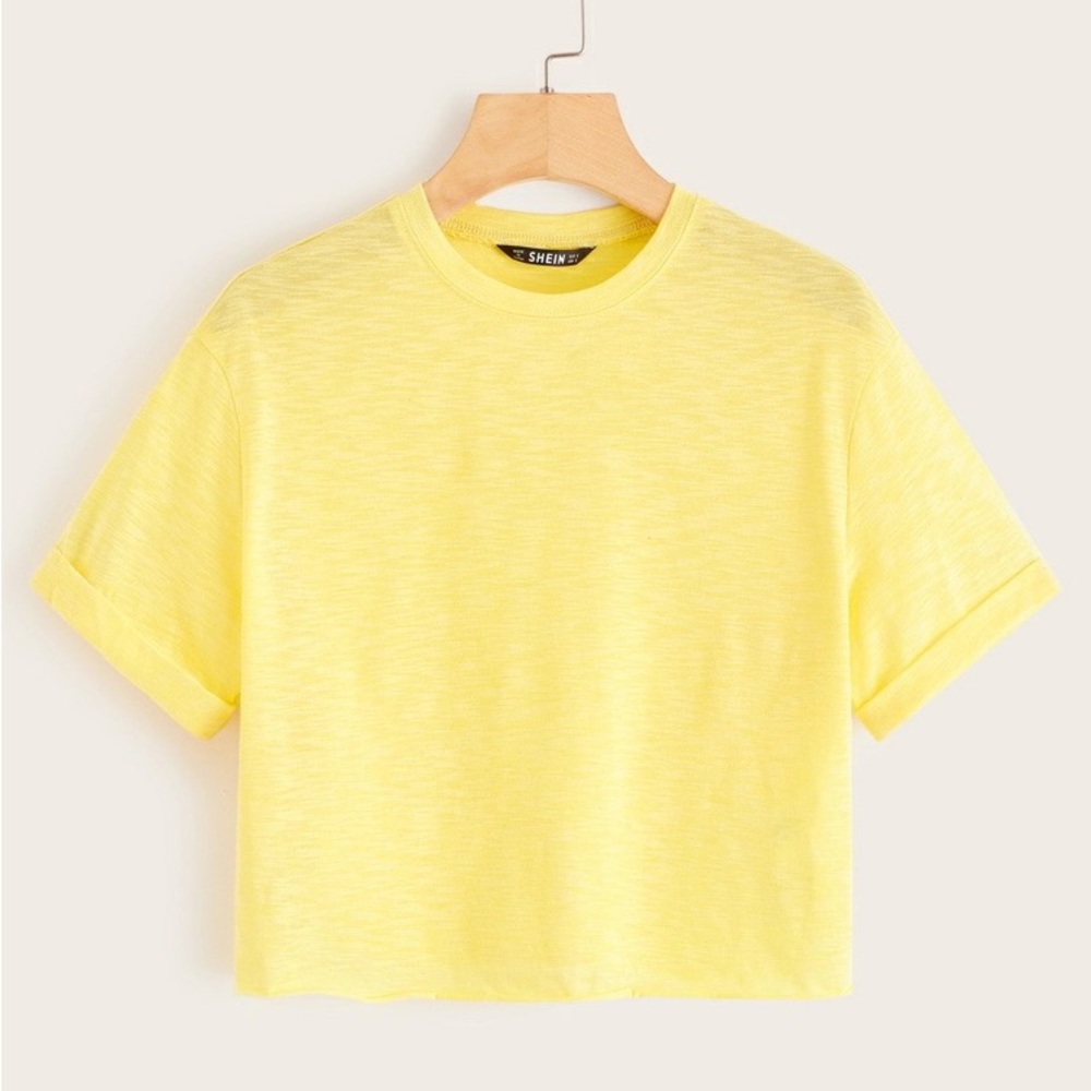 SHEIN Slub Knit Rolled Cuff Crop Top‎
